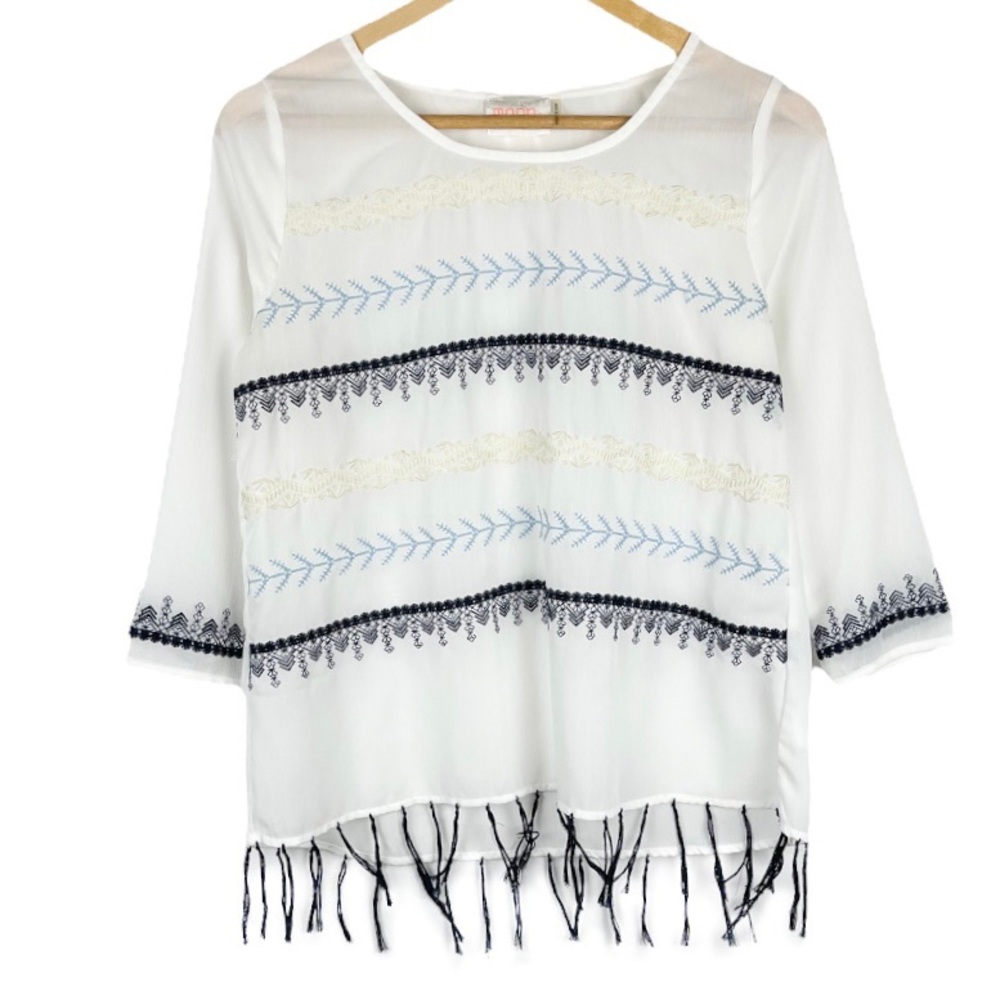 Moon Boho Embroidered Fringe Semi-Sheer Blouse Top Size Small
